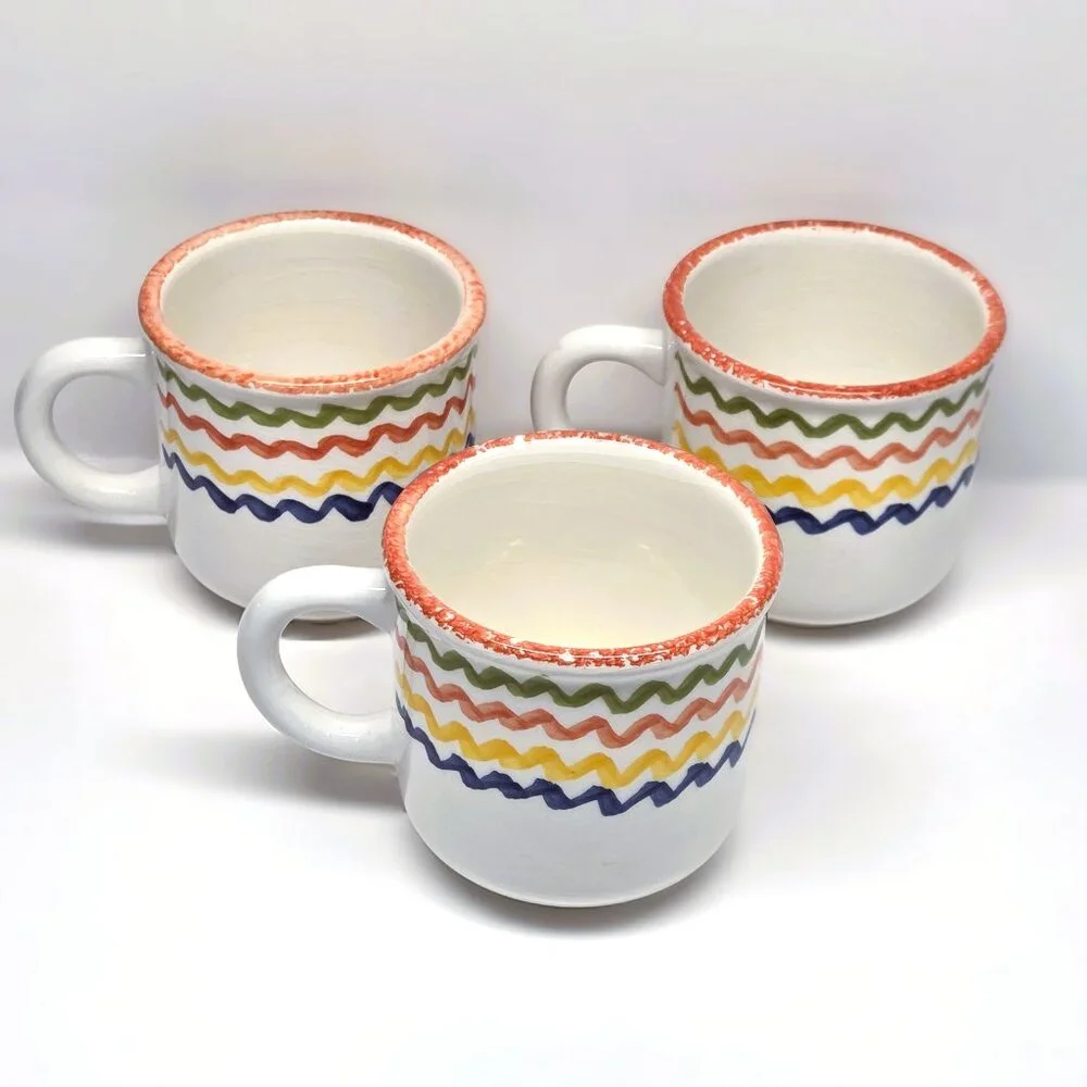 Vintage Crate & Barrel Italy Squiggly Line Mug Lot x3 Set Heavily CRAZED - READ